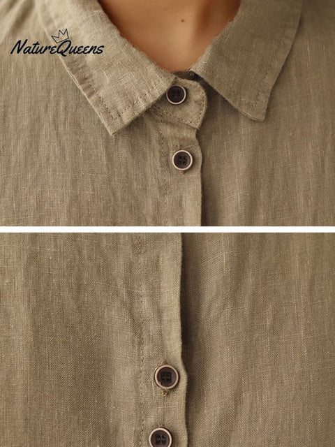 Women's Retro Lapel Solid Color Casual Cotton And Linen Shirt