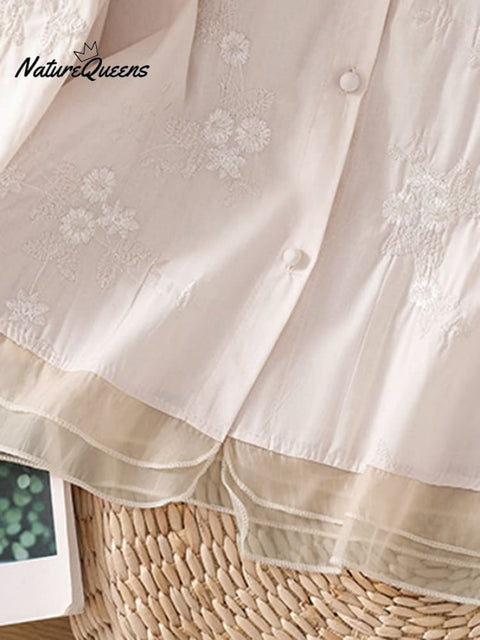 Art Retro Embroidery 3/4 Sleeve Patchwork Shirt