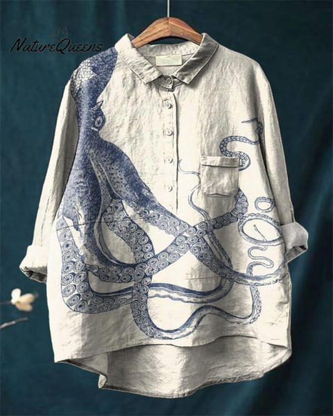 Japanese Octopus Art Print Casual Cotton and Linen Shirt