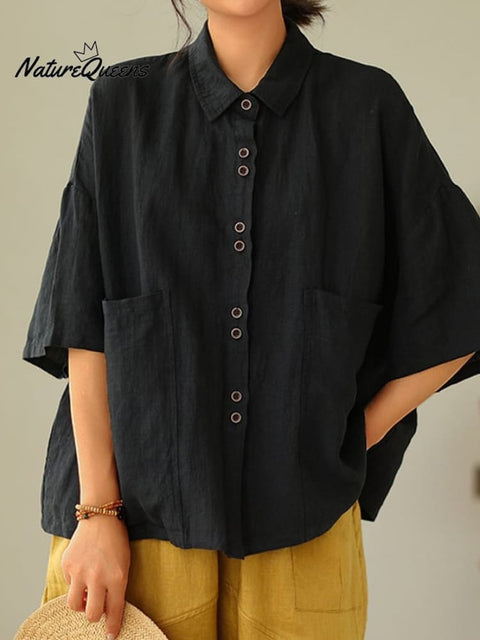 Women's Retro Lapel Solid Color Casual Cotton And Linen Shirt