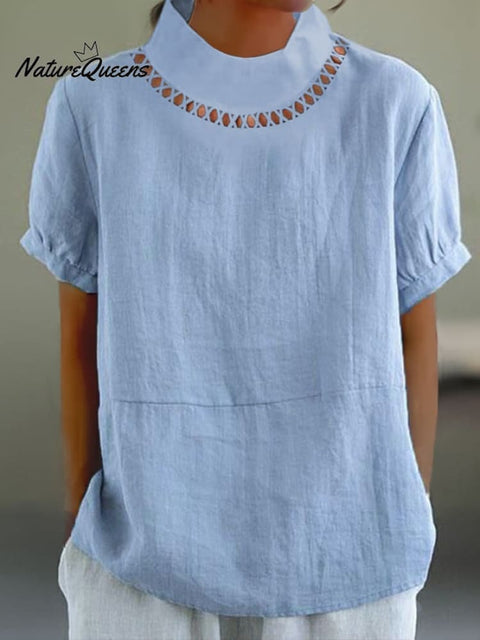 Solid Color Cotton And Linen Top Blue / S