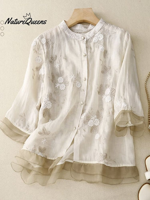 Art Retro Embroidery 3/4 Sleeve Patchwork Shirt Apricot / M