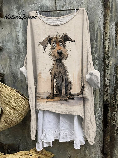 Cute Lovely Dog Pattern Linen Blend Flowy Tunic