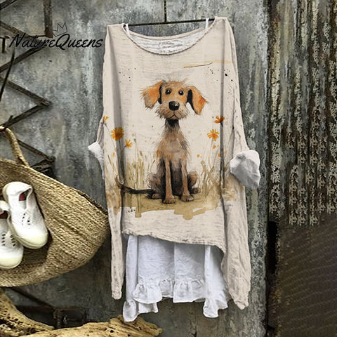 Cute Funny Dog  Pattern Linen Blend Flowy Tunic