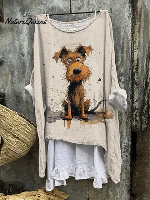 Lovely Cute Dog Pattern Linen Blend Flowy Tunic