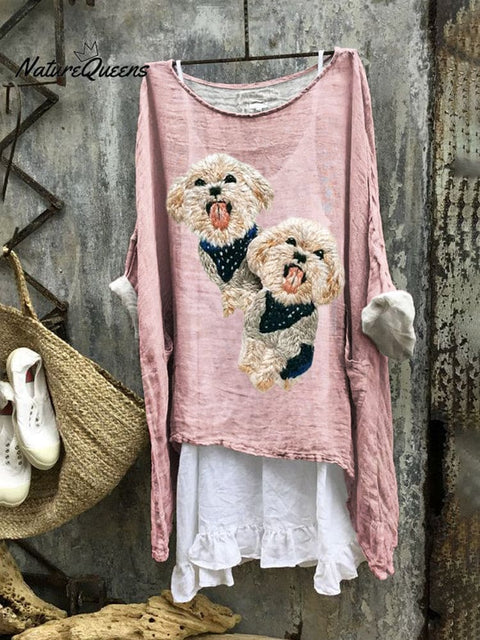 Twin Dogs Embroidery Linen Flowy Tunic
