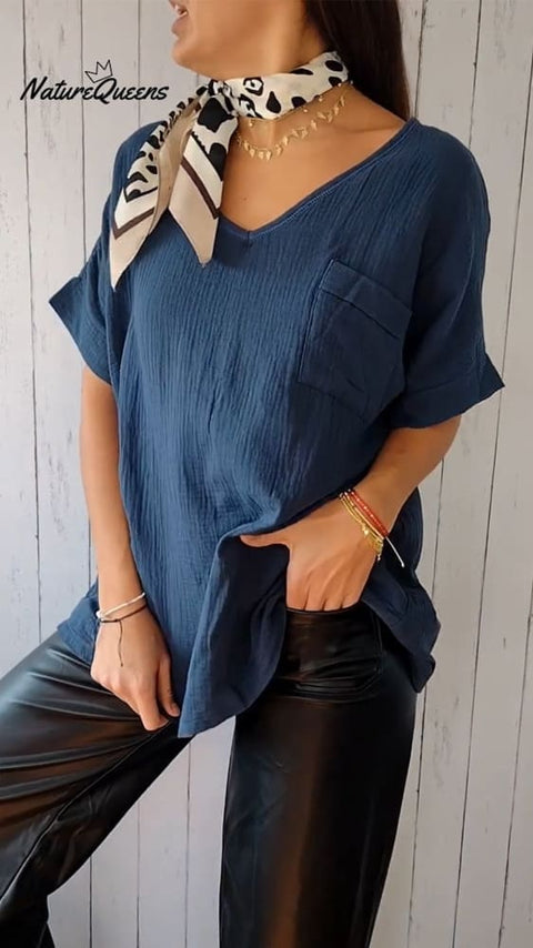 Solid Color V-neck Loose T-shirt