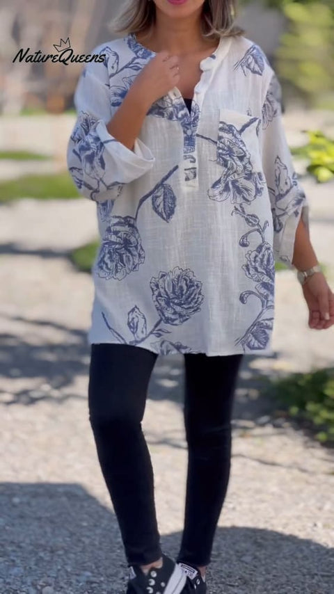 Cotton and Linen Printed V-neck