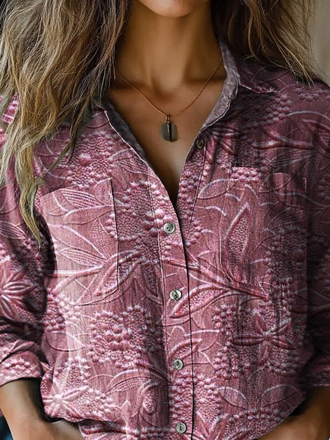 3D Floral Pattern Printed Women's Casual Long Sleeve Comfortable Cotton Shirt
