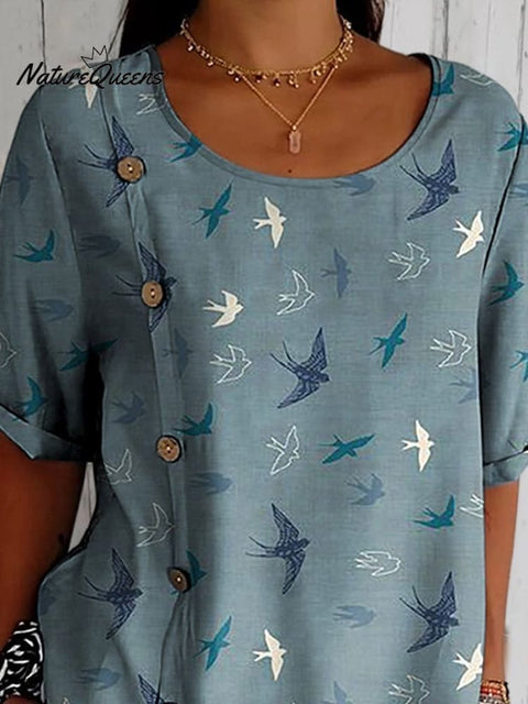 Lovely Swallow Pattern Printed Women's Casual Cotton Shirt