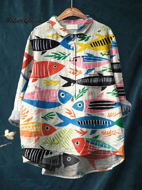 Women's Fish  Art Print Casual Cotton And Linen Shirt