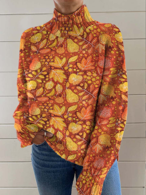 Autumn Leaves and Fruits Decorative Pattern Knit Turtleneck Pullover Sweater