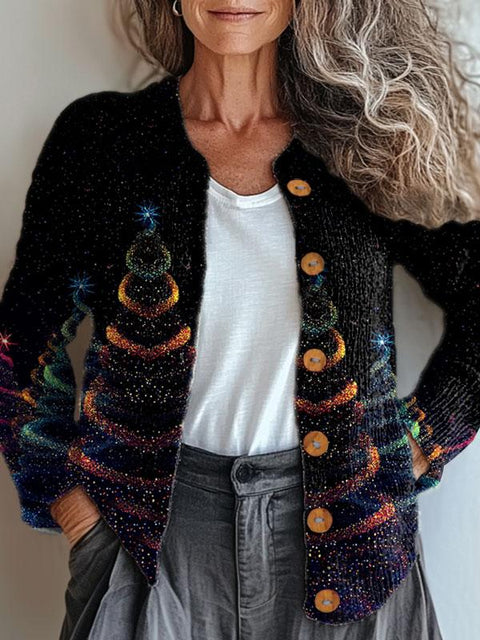 Glitter Christmas Print Buttoned Cardigan Sweater