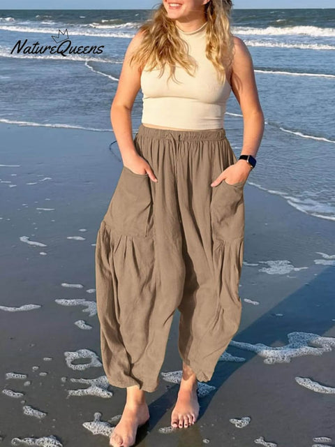 Women's Stylish Casual Fashionable Elastic Waist Loose Cotton Linen Pants