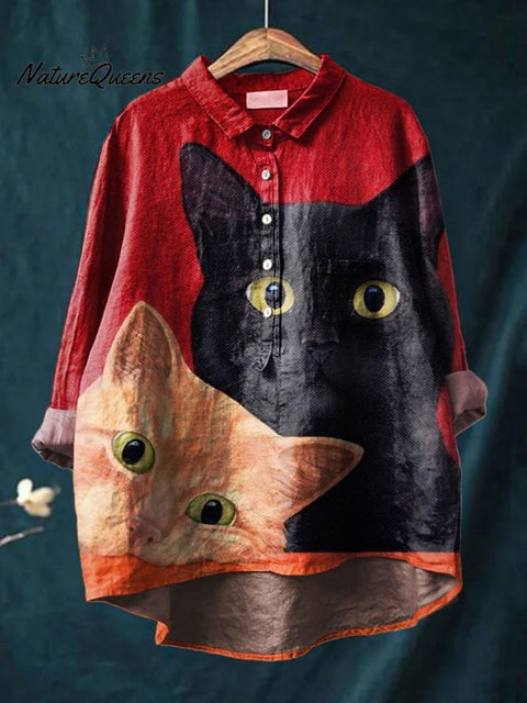 Women's Cat  Art Print Casual Cotton And Linen Shirt