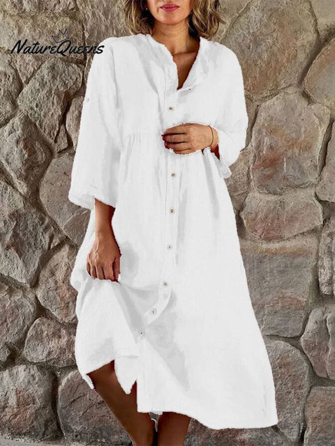 Cotton And Linen Casual Stand - Up Collar Button - Down Dress White / S