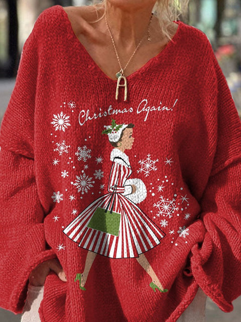 "Christmas Again!" Retro Christmas Graphic Printed Women's Casual Pullover Sweater