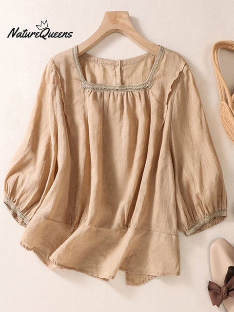 Cotton Linen Square Neck Loose Pullover Shirt