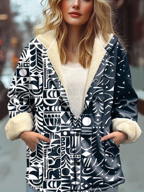 Abstract Geometric Pattern Printed Waffle Plush Thick Long-Sleeved Hooded Coat