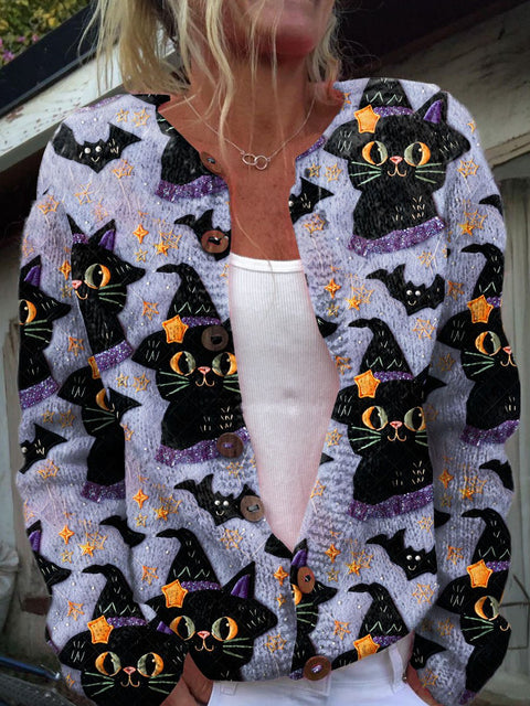 Black Cat Halloween  Art Print Buttoned Cardigan Sweater