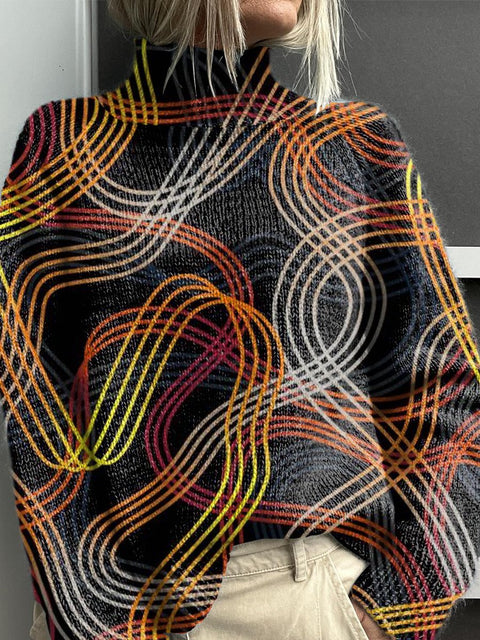 Abstract Geometric Line Art Print Knit Turtleneck Pullover Sweater
