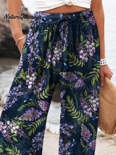 Midnight Purple Sage Floral Pattern Printed Women's Cotton And Linen Casual Pants