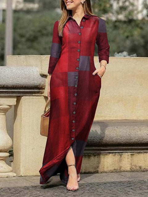 Women's Geometric Pattern Art Print Loose Elegant Casual Lapel Long Sleeve Cotton Long Shirt Dress