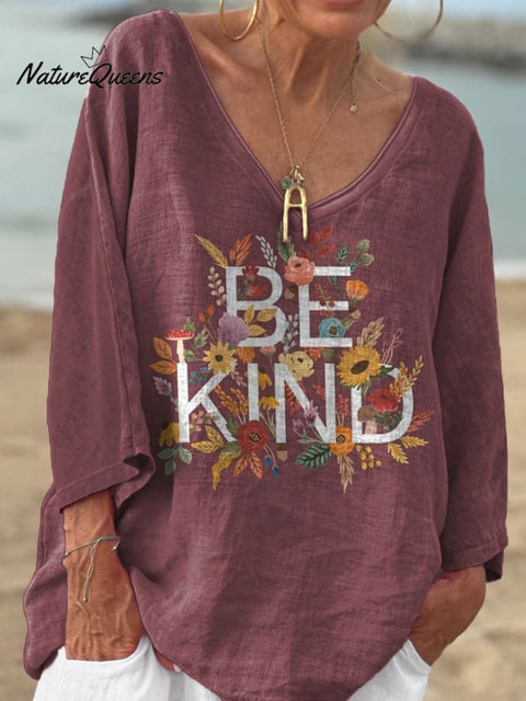 "Be Kind" Positive Slogan And Autumn Harvest Theme Graphic Printed Women's Casual V-neck Long Sleeve Comfortable Cotton T-shirt
