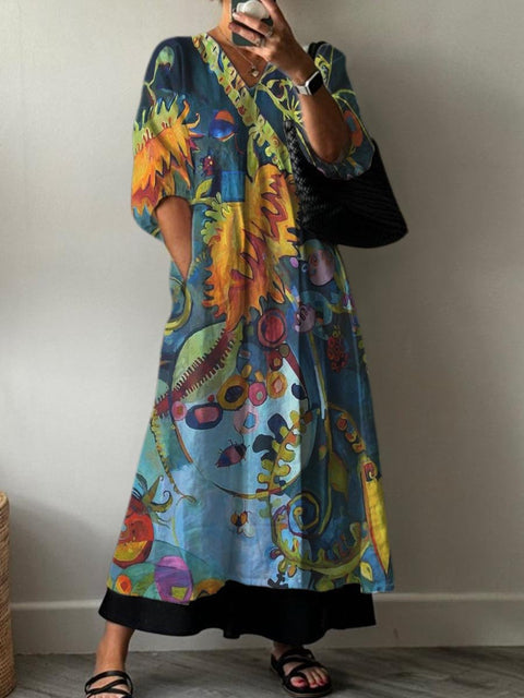 Weird Painting Art Sunflower Decorative Pattern Pocket V-neck Cotton Dress