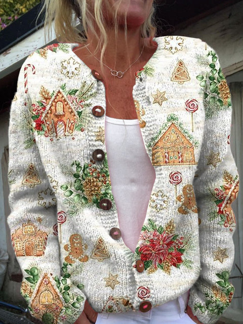 Retro Christmas Elements Print Buttoned Cardigan Sweater