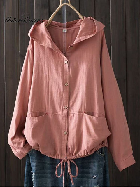 Women's Loose Large Size Cotton Yarn Hooded Long Sleeve Cardigan Casual Jacket
