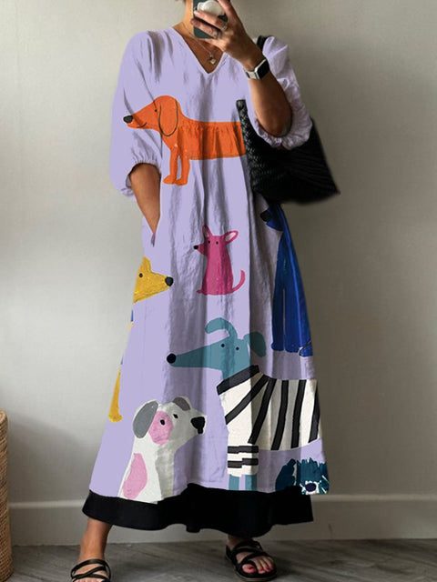 Women's  Dog  Print Pocket V-neck Cotton Dress