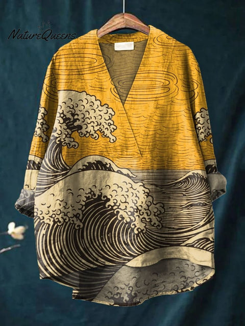 Yellow Tone Wave Decorative Pattern Casual Cotton And Linen V-neck Shirt