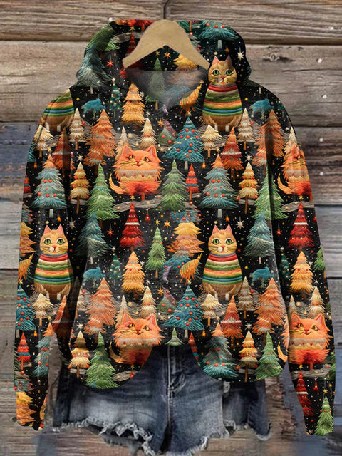 Women's Lovely Christmas Tree Cats Art Print Casual Sweatshirt