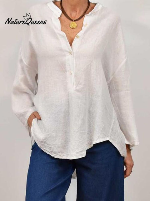 Casual V-neck Cotton and Linen Top