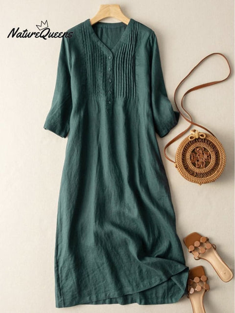 Cotton And Linen V-Neck Pleated Loose Dress