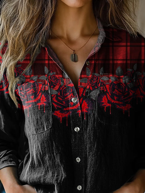 Rose And Plaid Pattern Printed Women's Casual Long Sleeve Comfortable Cotton Shirt