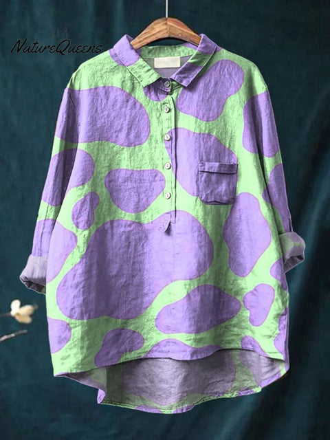 Lovely Cow Print Pattern Printed Women's Casual Cotton And Linen Shirt