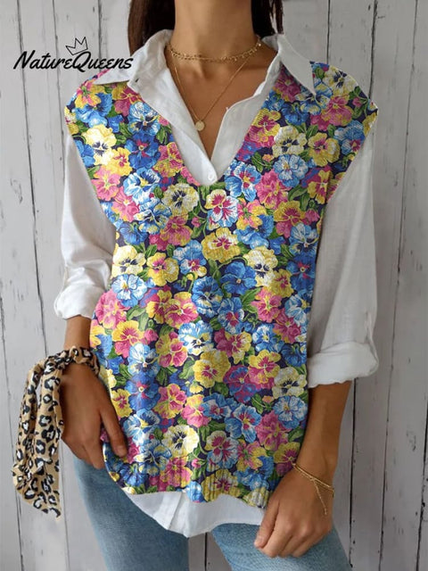 Lovely Summer Pansy Seamless Pattern Printed Women's Versatile Knitted Vest