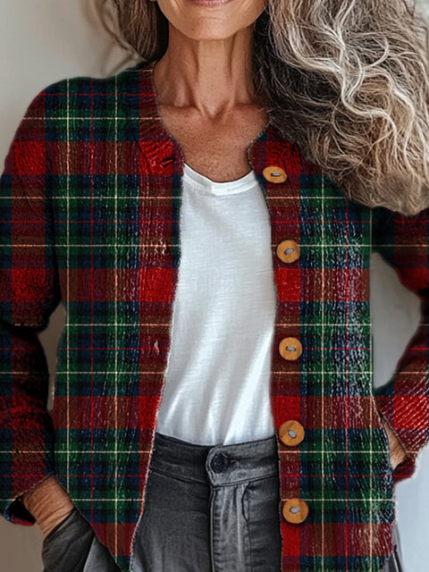 Winter Season Plaid Pattern Printed Buttoned Cardigan Sweater