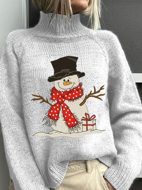 Embroidery Snowman Christmas Art Print Knit Turtleneck Pullover Sweater