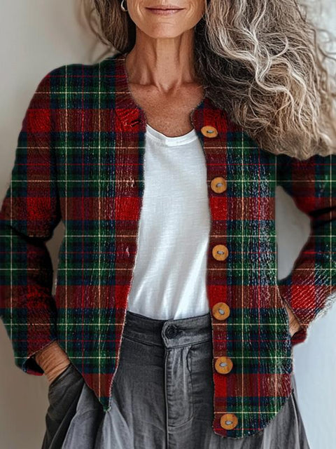 Winter Season Plaid Pattern Printed Buttoned Cardigan Sweater