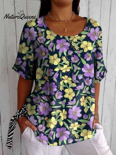 Retro Style Purple And Yellow Floral Pattern Printed Women's Casual Cotton Shirt