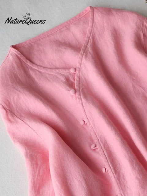 Cotton And Linen V-neck Diagonal Neckline Drawstring Open Button Dress