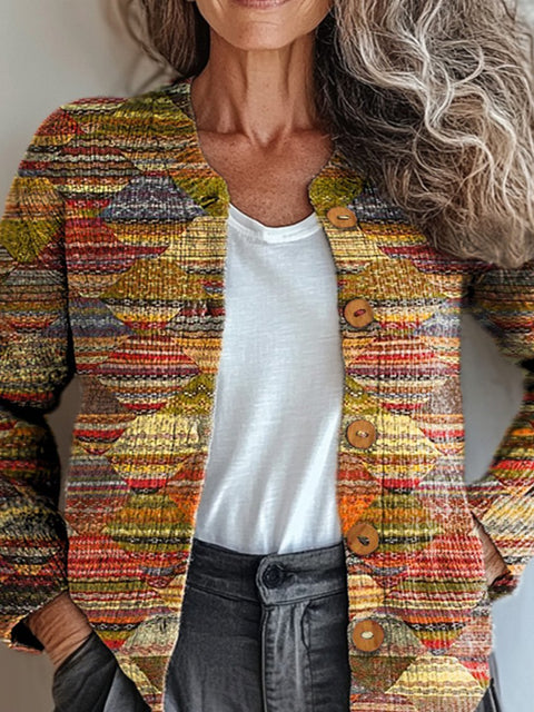 Ethnic Style Patchwork Pattern Printed Buttoned Cardigan Sweater