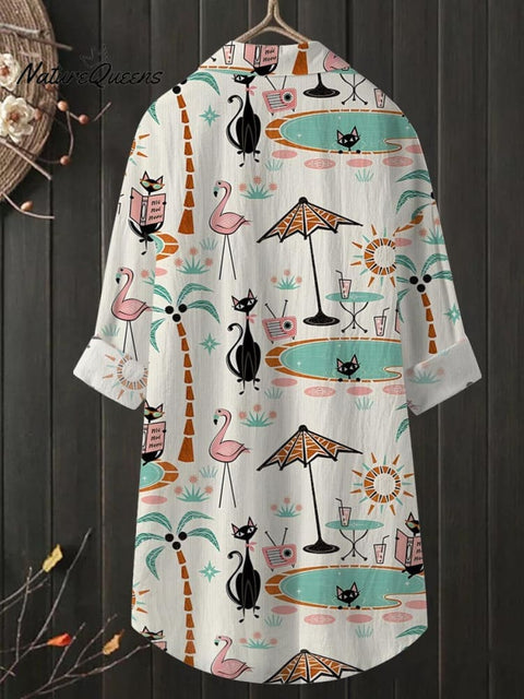 Women's Vacation Brown Tree Black Cat Print Casual Shirt