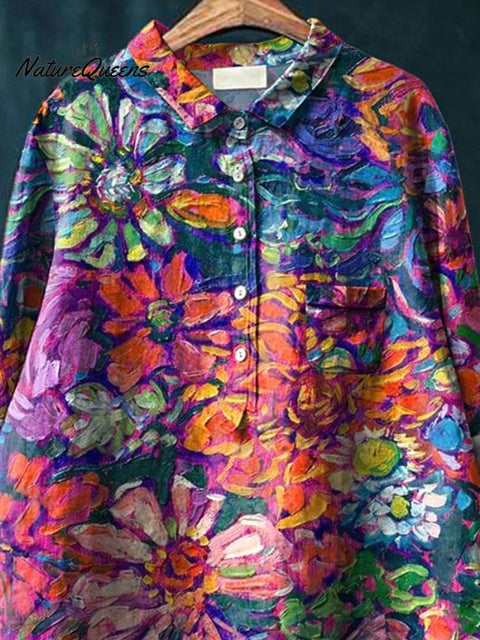 Oil Painting Gerbera Floral Art Printed Women's Casual Cotton And Linen Shirt