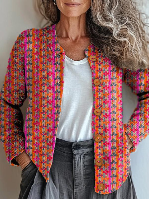 Geometric Floral Pattern Printed Buttoned Cardigan Sweater