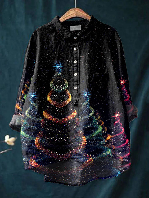 Women's  Glitter Christmas Art Print Casual Cotton And Linen Shirt