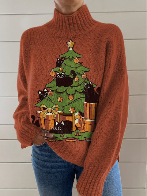 Retro Cat Cat Christmas Tree Print Knit Turtleneck Pullover Sweater